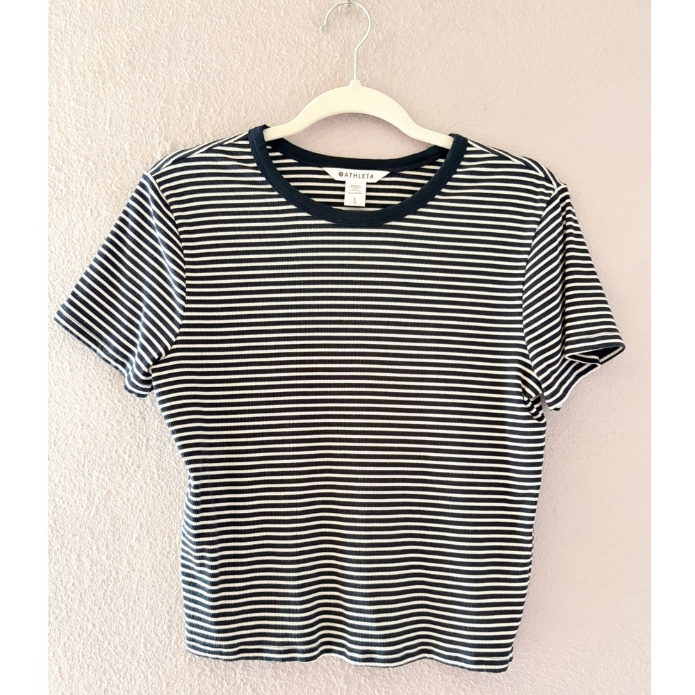 Athleta Signature Rib Crop Tee Navy White Minimalist Athleisure Size Large - Picture 2 of 5
